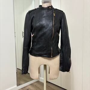 Zara Black Leather Jacket moto gold hardware zipper